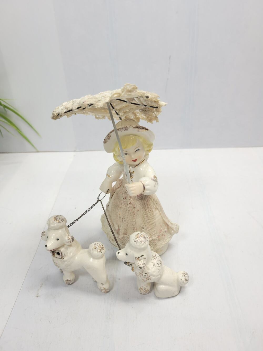 Vintage 1950s Arnart Japan Porcelain Lady Figurine Walking Chained Poodles